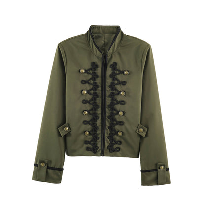 Women's Cropped Jacket in Sailor-Military Mix with Decorative Cords and Brass Buttons EVA-US