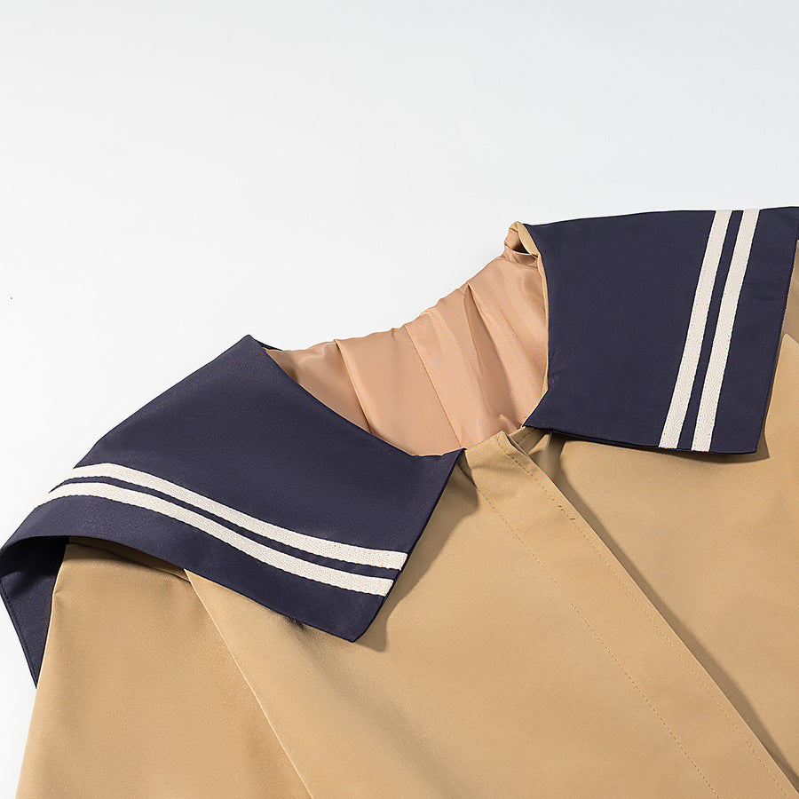 Women's trench coat with oversized sailor collar, waist belt, and concealed button placket EVA-US