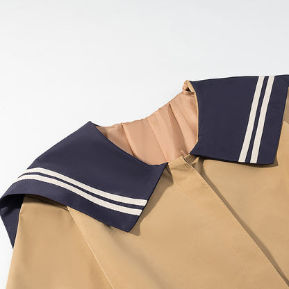 Women's trench coat with oversized sailor collar, waist belt, and concealed button placket EVA-US