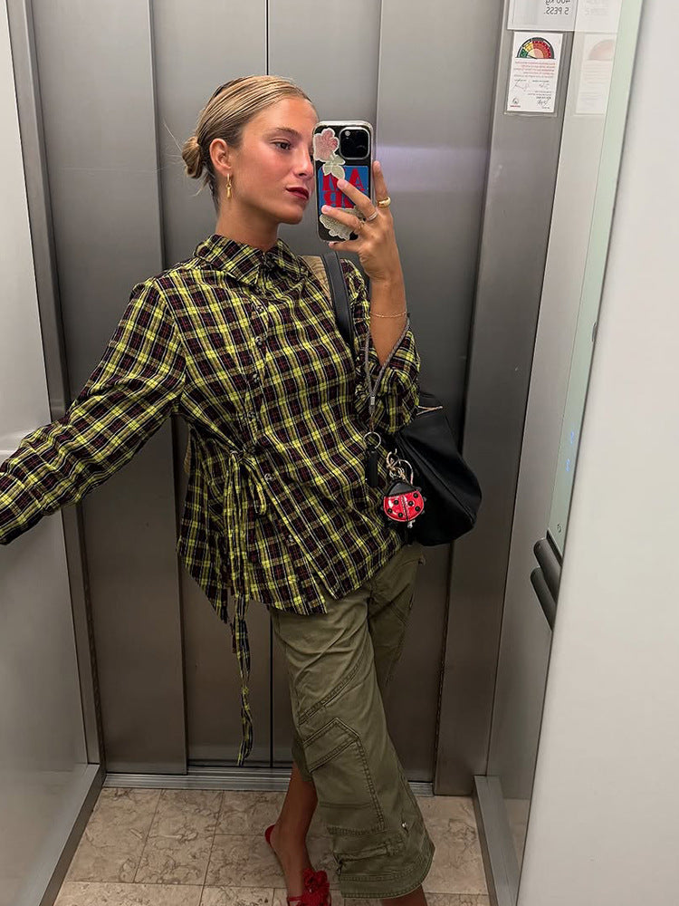 Women's Checked Shirt Blouse with Drawstring Waist and Loose Fit EVA-US