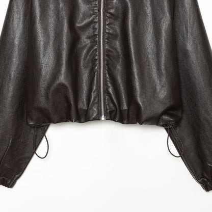 Women's Cropped Faux Leather Bomber Jacket with Hood, Drawstring and Elastic Cuffs EVA-US