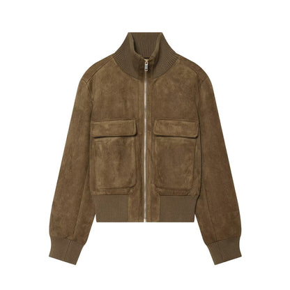 Women's suede look bomber jacket with ribbed collar and patch pockets EVA-US