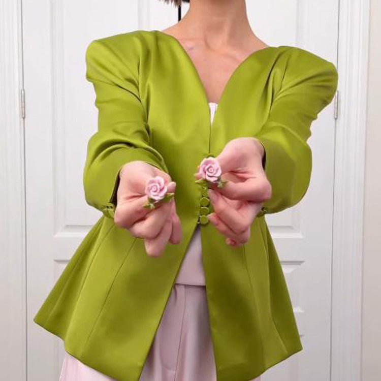 Women's Tailored Satin Blazer with Emphasized Peplum and Decorative Button Placket EVA-US