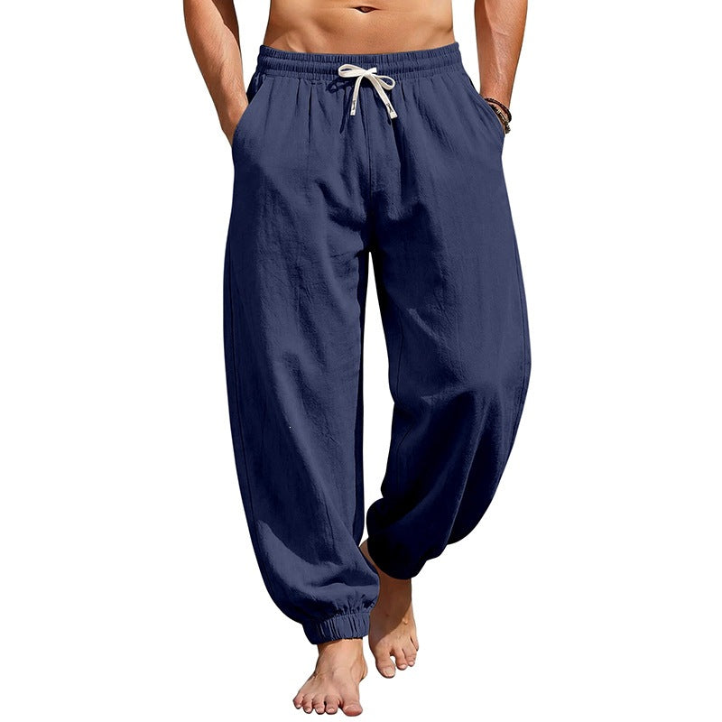 Men's relaxed harem pants made of linen blend with elastic drawstring waistband and gathered ankle cuffs EVA-US