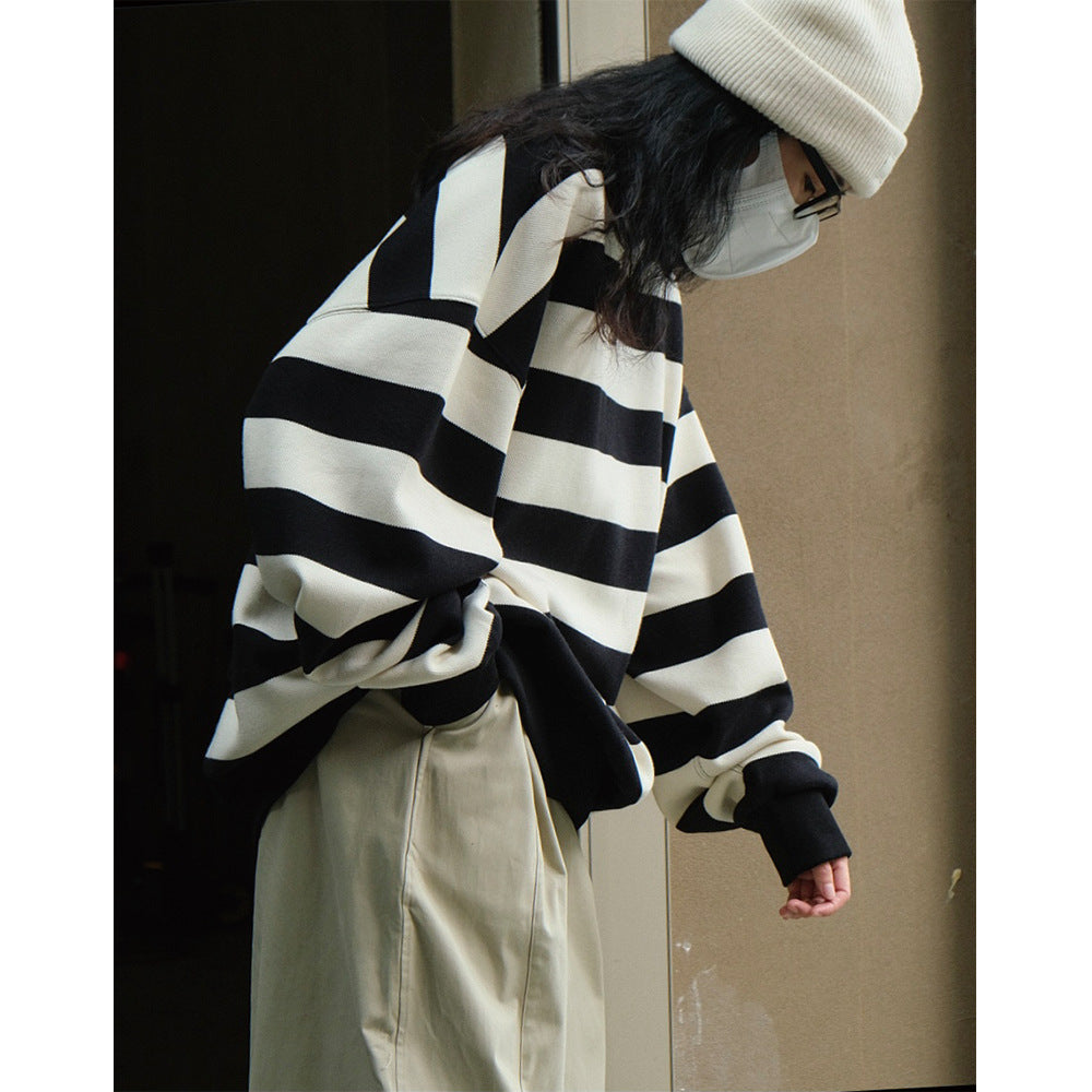 Women’s Oversized Cotton Blend Knit Sweater with Wide Block Stripes and Dropped Shoulder EVA-US