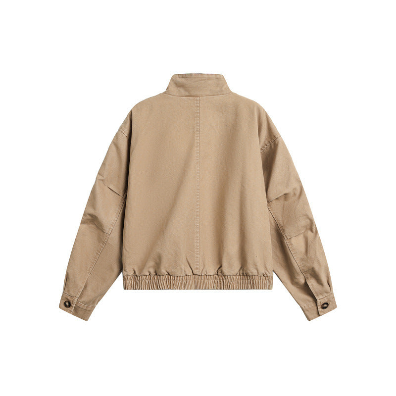 Unisex Short Cut Boxy Canvas Blouson Jacket with Funnel Collar, Patch Flap Pockets and Elastic Hem EVA-US
