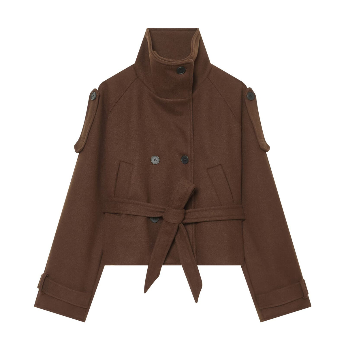 Women Short Wool Blend Cape Jacket with Waist Belt and Funnel Collar EVA-US