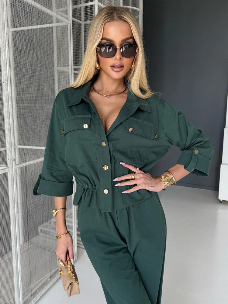 Women's Two-Piece Utility Shirt Jacket and High Waisted Pants Set with Drawstring and Gold Snap Buttons EVA-US