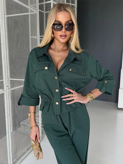 Women's Two-Piece Utility Shirt Jacket and High Waisted Pants Set with Drawstring and Gold Snap Buttons EVA-US