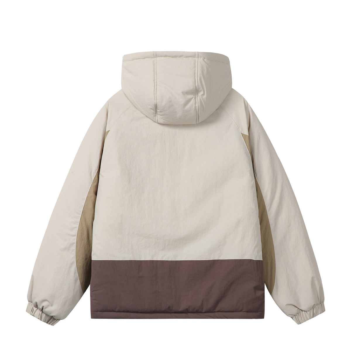 Unisex Boxy Colorblock Hooded Puffer Jacket with Windproof Cover and Zip Pockets EVA-US