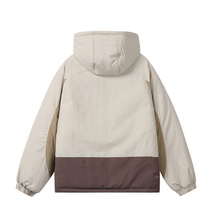 Unisex Boxy Colorblock Hooded Puffer Jacket with Windproof Cover and Zip Pockets EVA-US