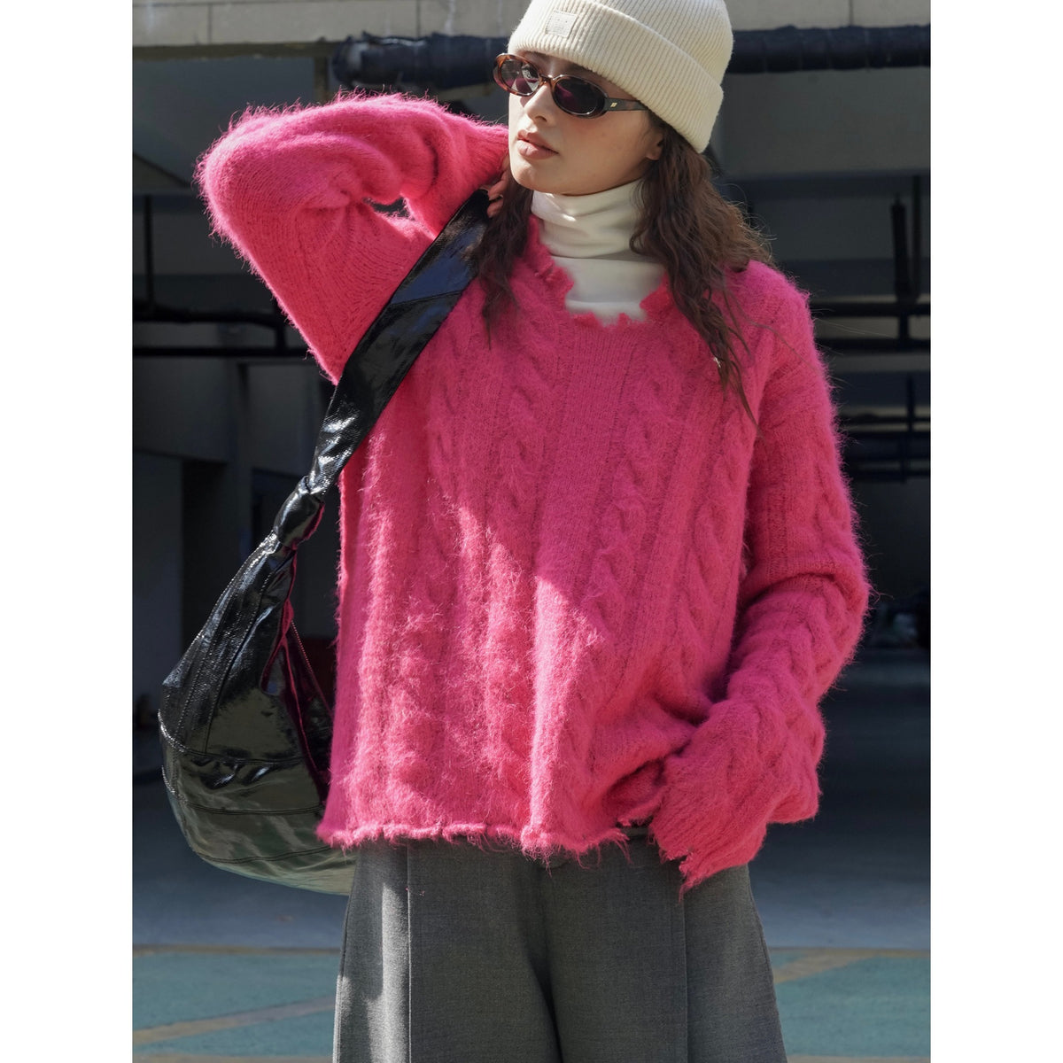 Women's Oversized Mohair-Optic Sweater with Fluffy Texture and Relaxed Silhouette EVA-US