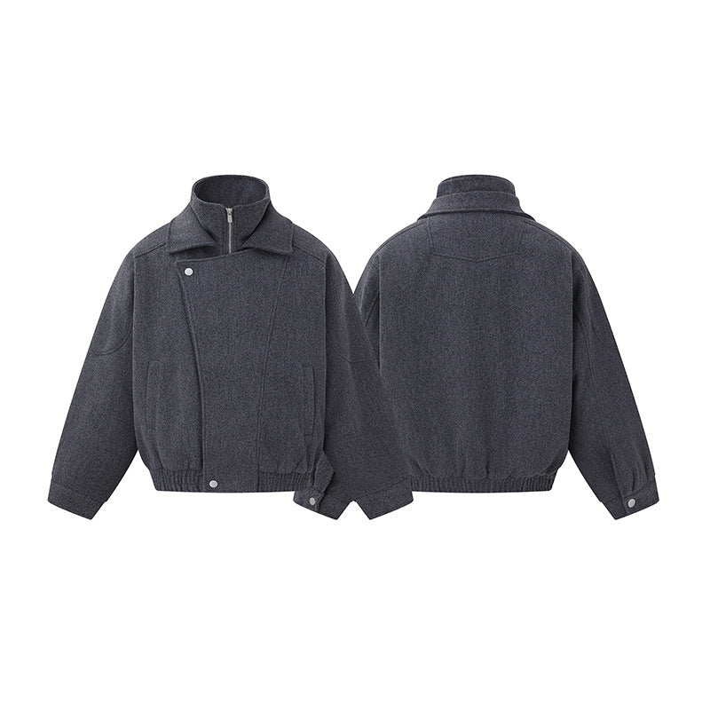 Men's Boxy Wool Blend Blouson Jacket with Asymmetric Double Fastening and High Stand-Up Collar EVA-US