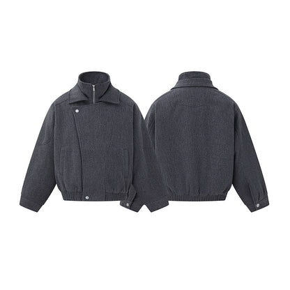 Men's Boxy Wool Blend Blouson Jacket with Asymmetric Double Fastening and High Stand-Up Collar EVA-US