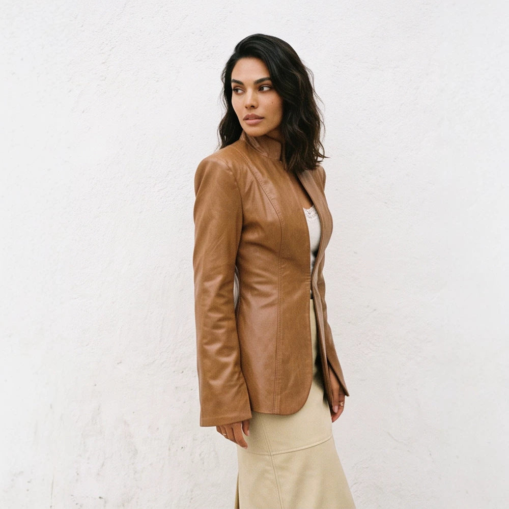 Women tailored vegan leather blazer with sculpted seams and stand-up collar EVA-US
