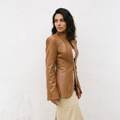 Women tailored vegan leather blazer with sculpted seams and stand-up collar EVA-US