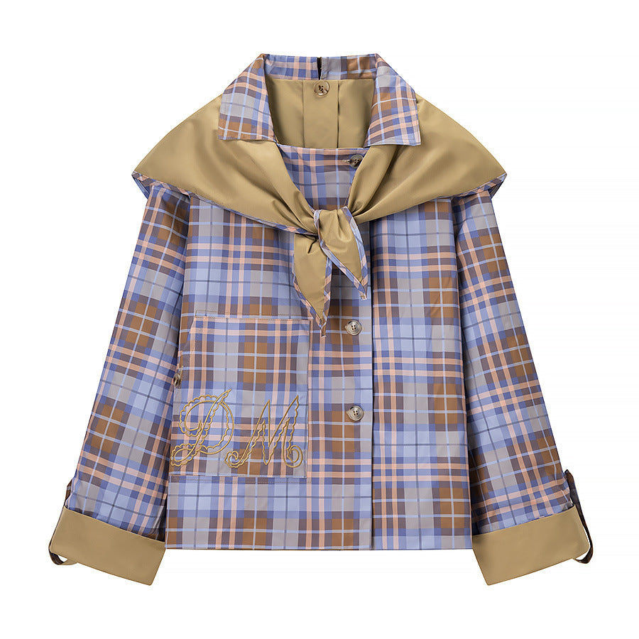 Women's Short Jacket with Removable Check Scarf Collar and Embroidered Patch Pocket EVA-US