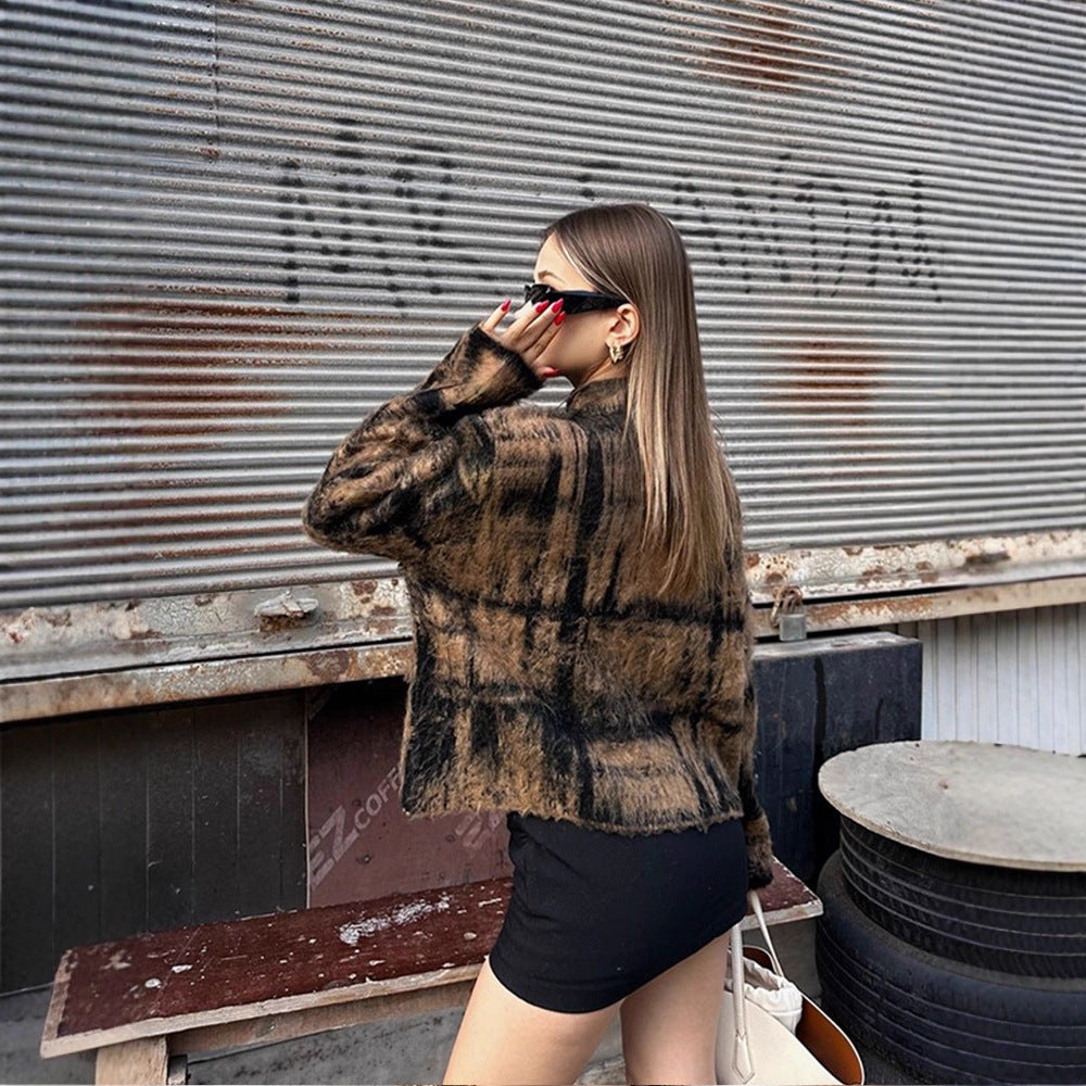 Women's Fluffy Sweater in Vintage Check with High Collar and Frayed Hem EVA-US