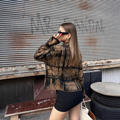 Women's Fluffy Sweater in Vintage Check with High Collar and Frayed Hem EVA-US