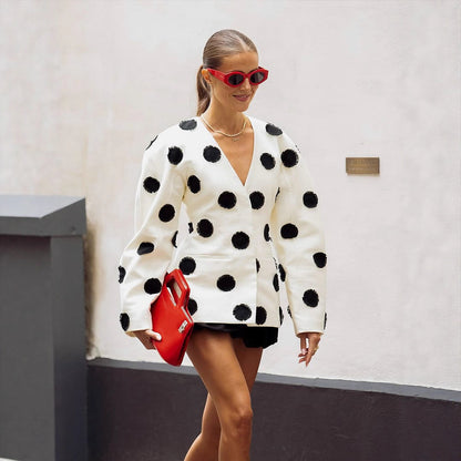 Women Tailored Blazer with Deep V-Neck, Voluminous Sleeves, and Polka Dot Applications EVA-US