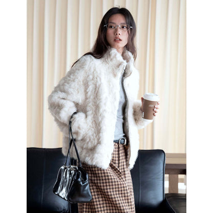 Women's Short Faux Fur Jacket with Stand-up Collar and Zipper EVA-US