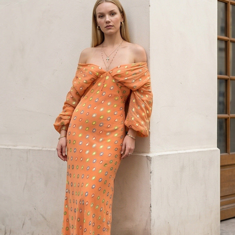 Women Elegant Off-Shoulder Maxi Dress with Twisted Front and Balloon Sleeves EVA-US