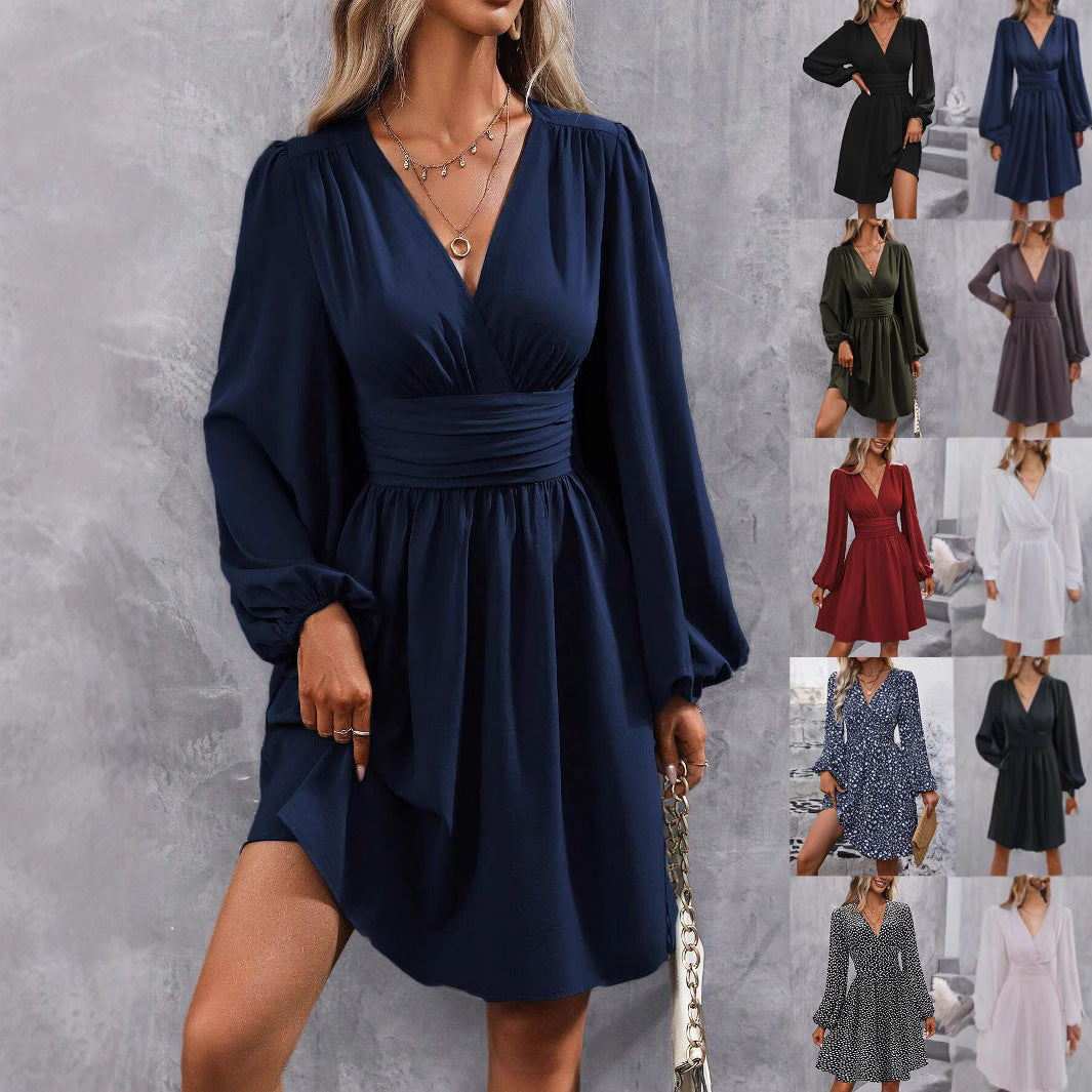 Women's wrap dress with a stylish V-neck and voluminous sleeves