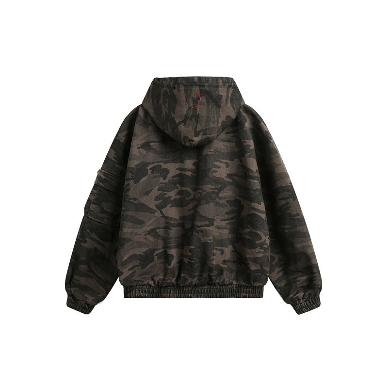 Men's Camouflage Boxy Field Jacket with Hood, Utility Pockets and Elastic Hem EVA-US