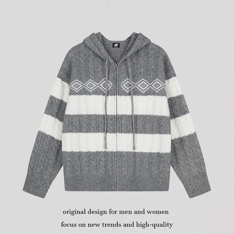 Women's chunky knit hooded cardigan with cable knit, block stripes, and full-length zipper EVA-US