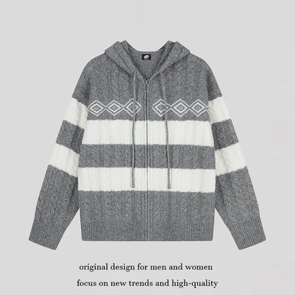 Women's chunky knit hooded cardigan with cable knit, block stripes, and full-length zipper EVA-US