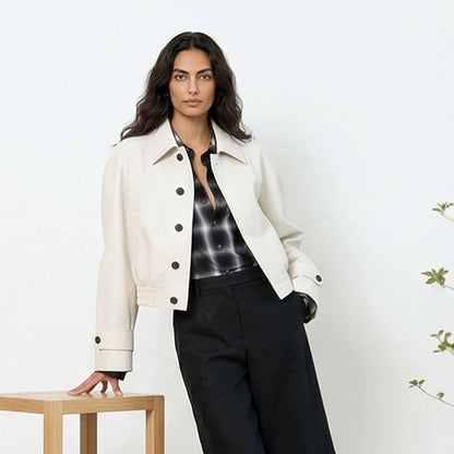 Women's Short Boxy Blouson with Elastic Hem and Distinctive Button Details EVA-US