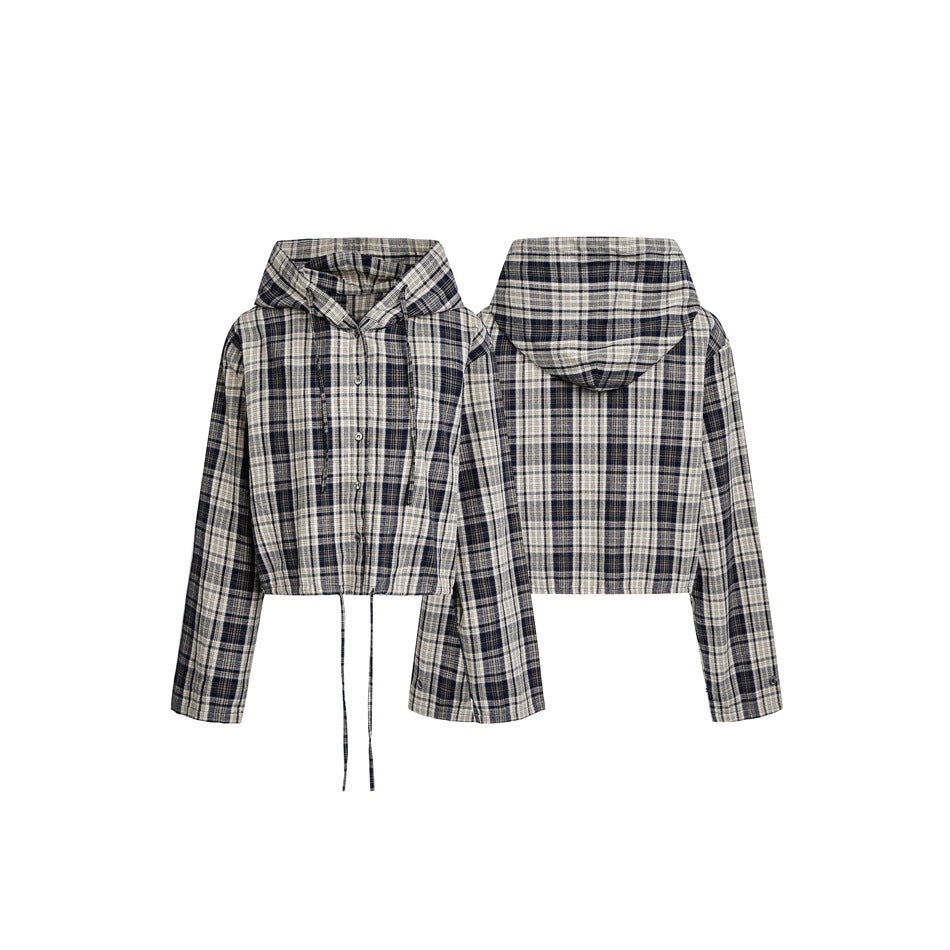 Women's short-cut hooded shirt jacket in checkered look with drawstring hem EVA-US