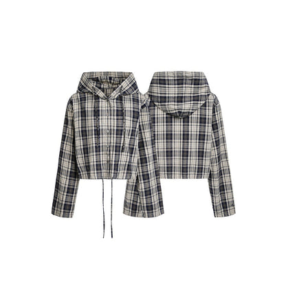 Women's short-cut hooded shirt jacket in checkered look with drawstring hem EVA-US