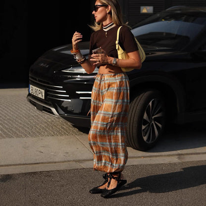 Women wide plaid harem pants with elastic waistband, drawstring & gathered ankle cuffs EVA-US