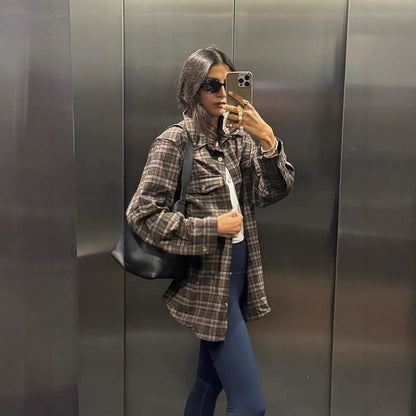 Women Checked Overshirt with Chest Pockets and Gold Press Buttons EVA-US