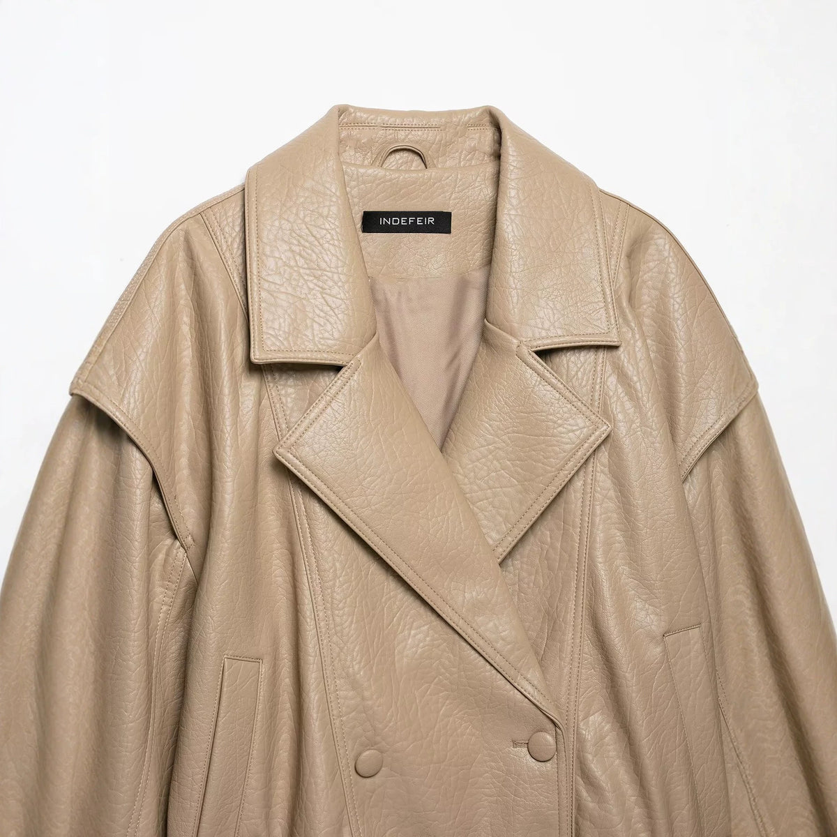 Women's Short Cut Faux Leather Jacket in Oversized Trench Style EVA-US