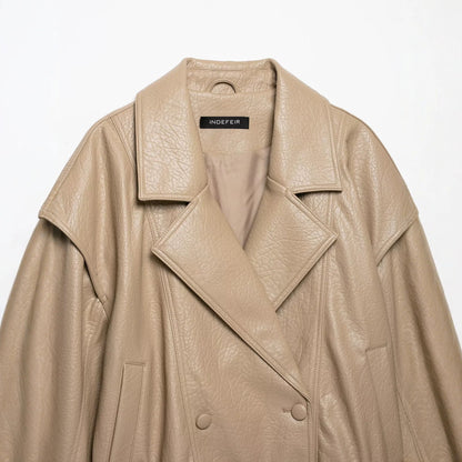 Women's Short Cut Faux Leather Jacket in Oversized Trench Style EVA-US
