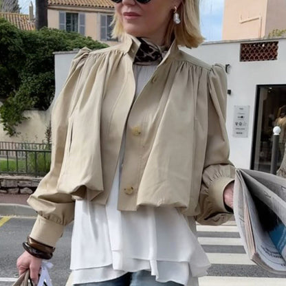 Women Lightweight Blouson Jacket with Balloon Sleeves and Stand-up Collar EVA-US
