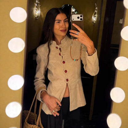Women Tailored Suede Blazer with Stand Collar and Decorative Buttons EVA-US