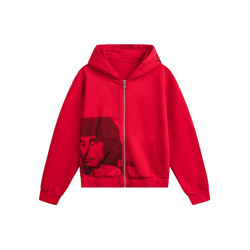 Unisex hooded zip jacket in boxy cut with large portrait print EVA-US