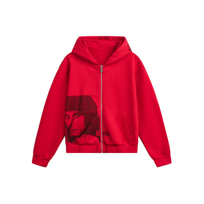 Unisex hooded zip jacket in boxy cut with large portrait print EVA-US