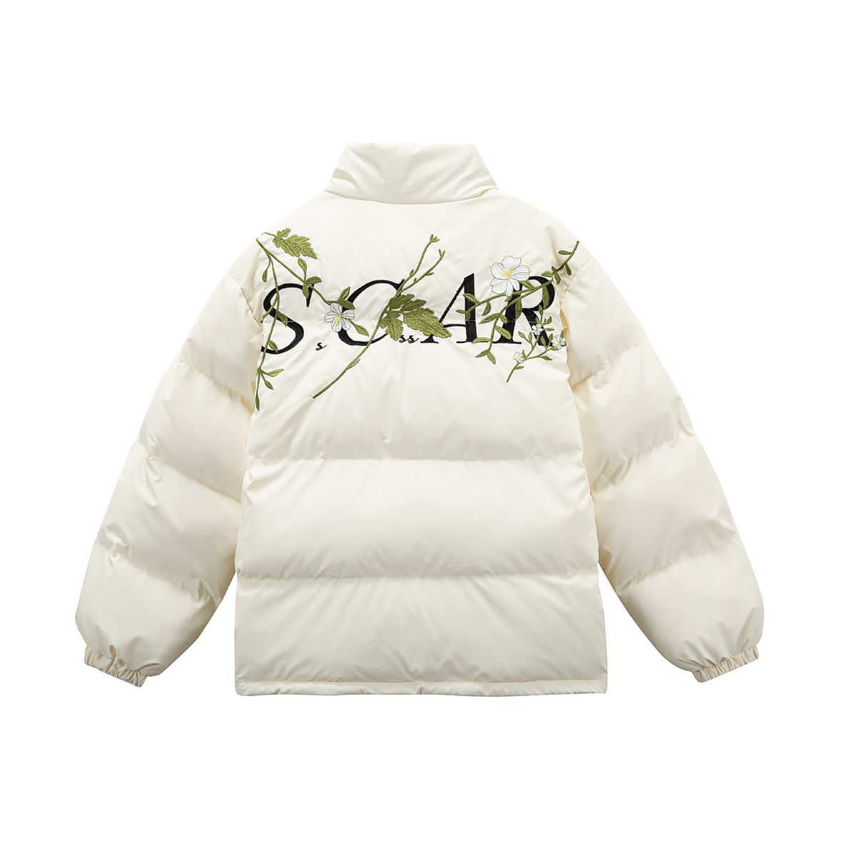 Women's Padded Oversized Quilted Jacket with Stand-up Collar and Floral Embroidery EVA-US