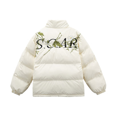 Women's Padded Oversized Quilted Jacket with Stand-up Collar and Floral Embroidery EVA-US