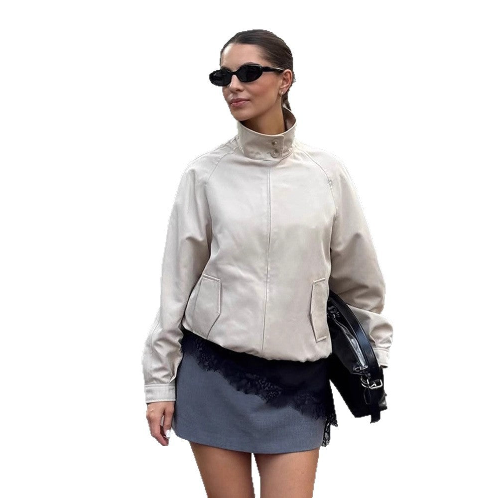 Women Lightweight Tailored Cropped Bomber with High Stand Collar and Raglan Sleeves EVA-US