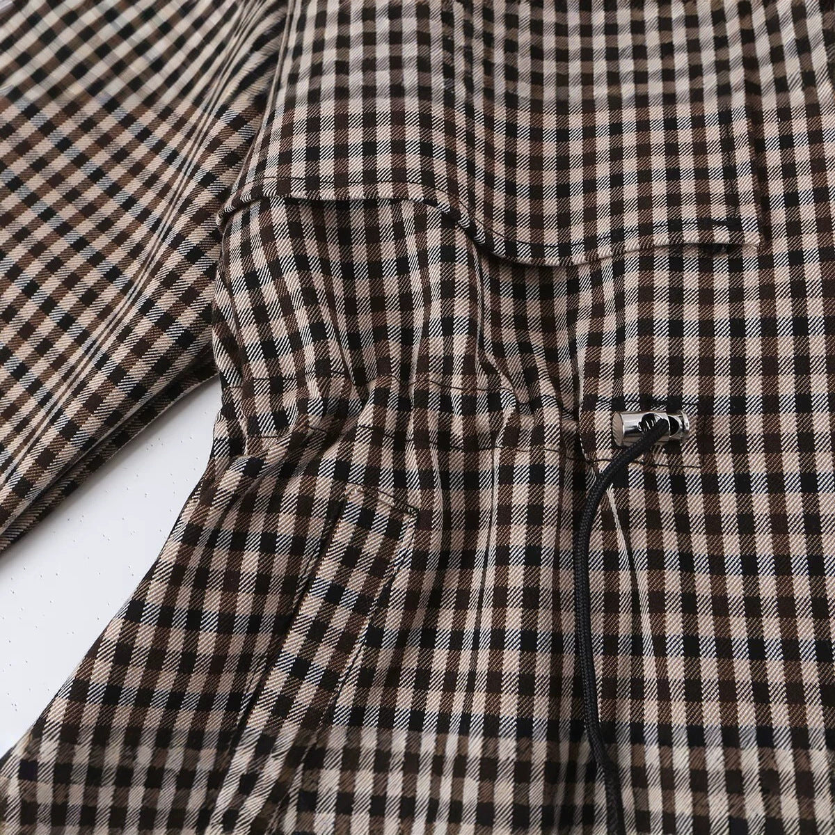 Women's Short Checked Trench Coat with Drawstring Waist and Wide Lapels EVA-US