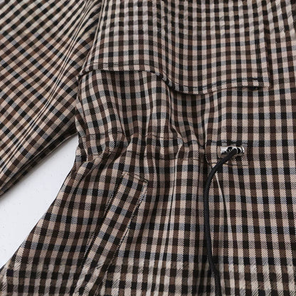 Women's Short Checked Trench Coat with Drawstring Waist and Wide Lapels EVA-US