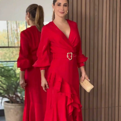 Women's Elegant Wrap Maxi Dress with Ruffles, Fitted Belt & Wide Bell Sleeves EVA-US