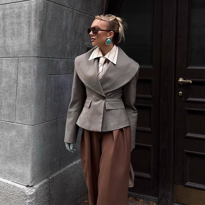 Women Tailored Blazer with Oversized Shawl Collar and Structured Peplum Waist EVA-US