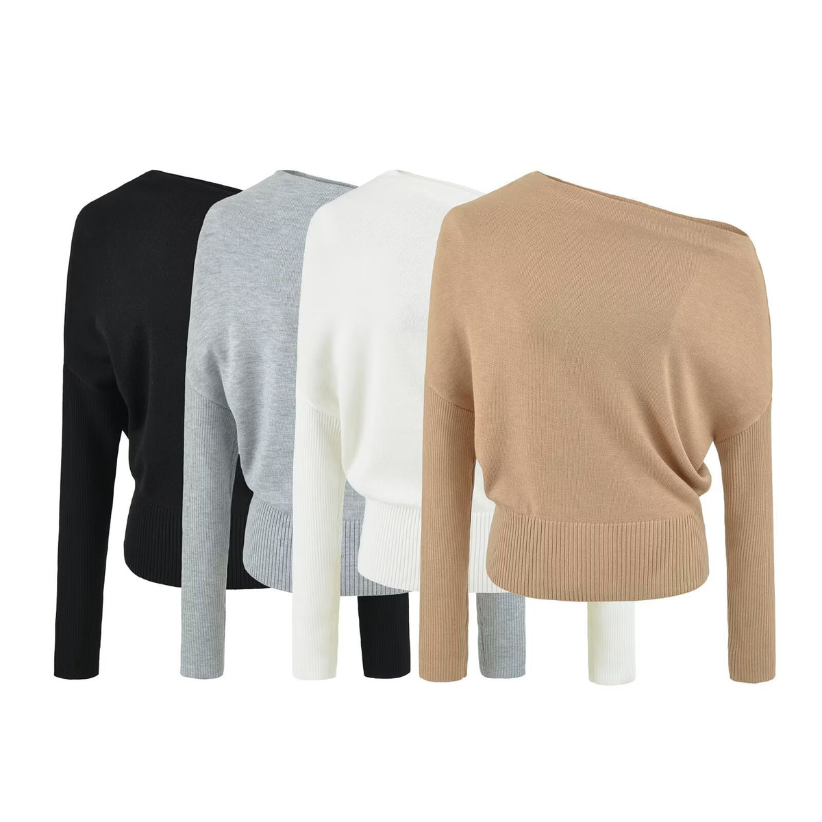 Women's Oversize One-Shoulder Pullover with Batwing Sleeves and Wide Ribbed Cuff EVA-US