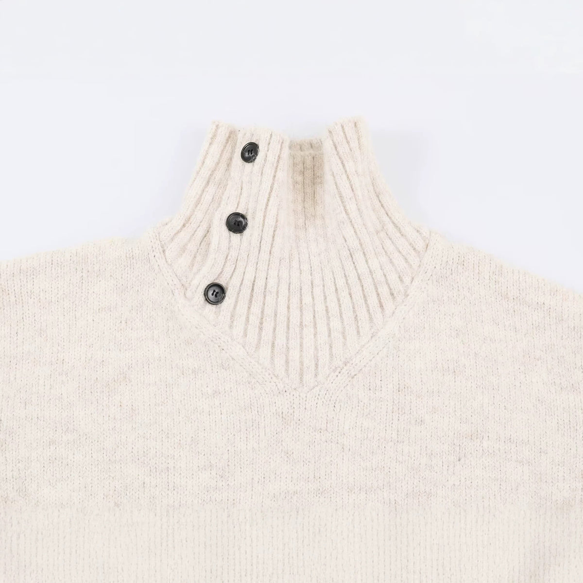 Women's Oversized Knit Sweater with High Ribbed Collar, Button Detail and V-Neck EVA-US
